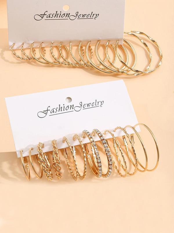 12 Pairs Minimalist Solid Color Twist & Geometric Design Hoop Earrings Set, Rhinestone Decor Ear Hoop Set, Fashion Jewelry Gift For Women