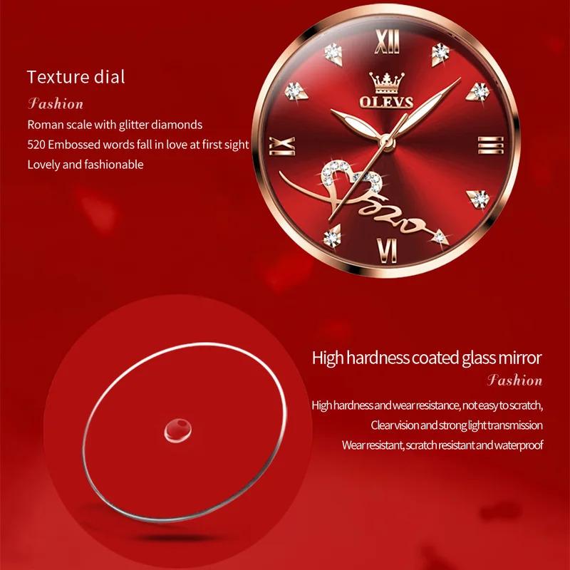 OLEVS Red Love Women's Watches Luxury Elegant Stainless Steel Mesh Belt Waterproof Quartz Wrist watch for Ladies Christmas Gift