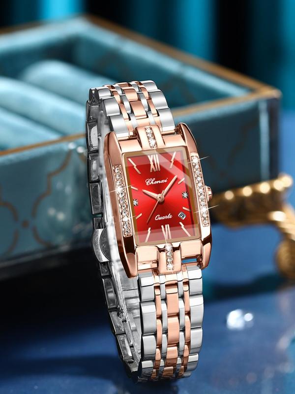 Women's Elegant Rhinestone Decorated Quartz Watch, Fashion Rectangle Dial Watch for Party, Daily Clothing Decor, Trendy All-match & Exquisite Watch for Birthday Gift with Box