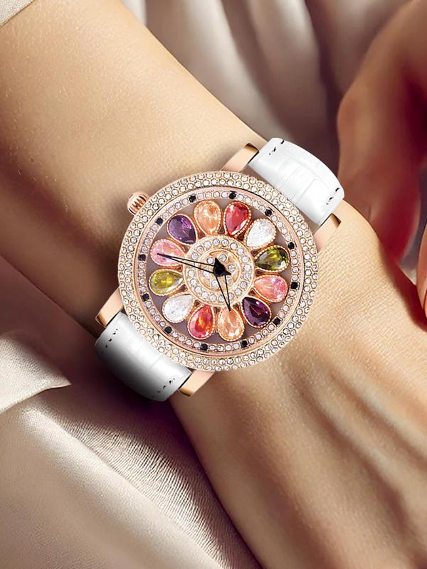 Women's Elegant Rhinestone Decorated Quartz Watch, Fashionable Round Dial Watch for Women & Girls, Trendy All-match & Exquisite Watch for Birthday Gift with Box