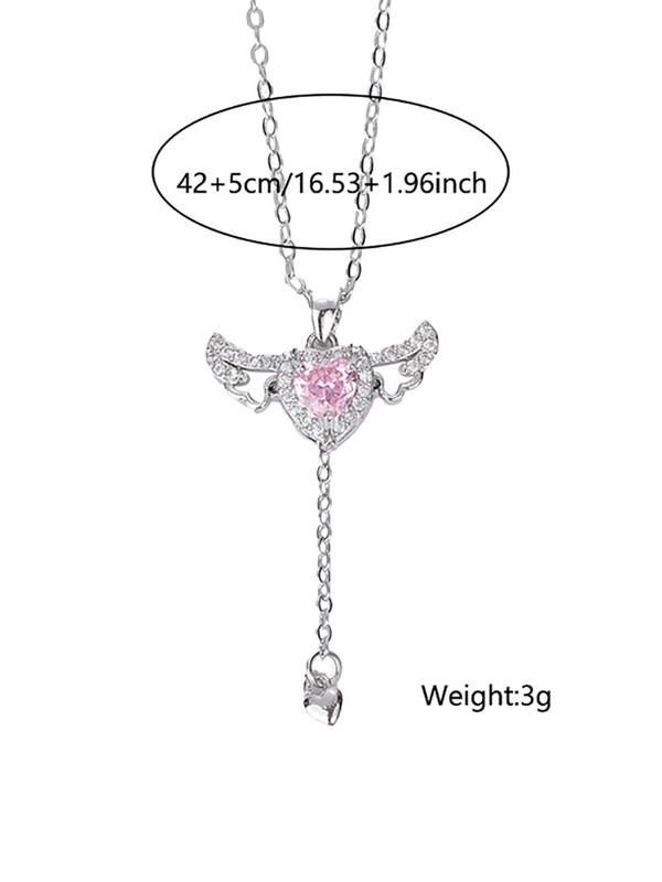 Fashion Elegant Rhinestone Decorated Heart Shape Pendant Necklace, Heart Shape Alloy Necklace with Bowknot   Wing Design, Fashion Accessories for Women & Girls for Back To School