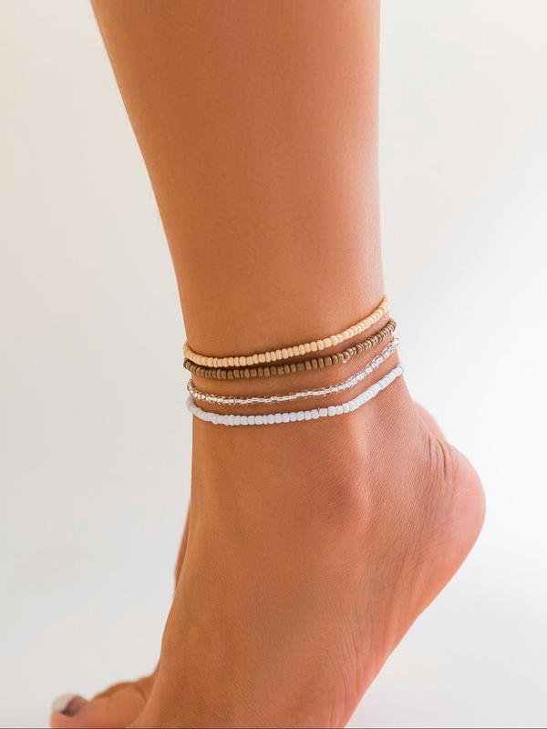 Boho Style Minimalist Solid Color Beaded Anklet (4pcs), Fashionable Jewelry for Women & Girls, Fashion Jewelry for Party, Daily Clothing Decor, Trendy All-match & Exquisite Jewelry for Birthday Gift