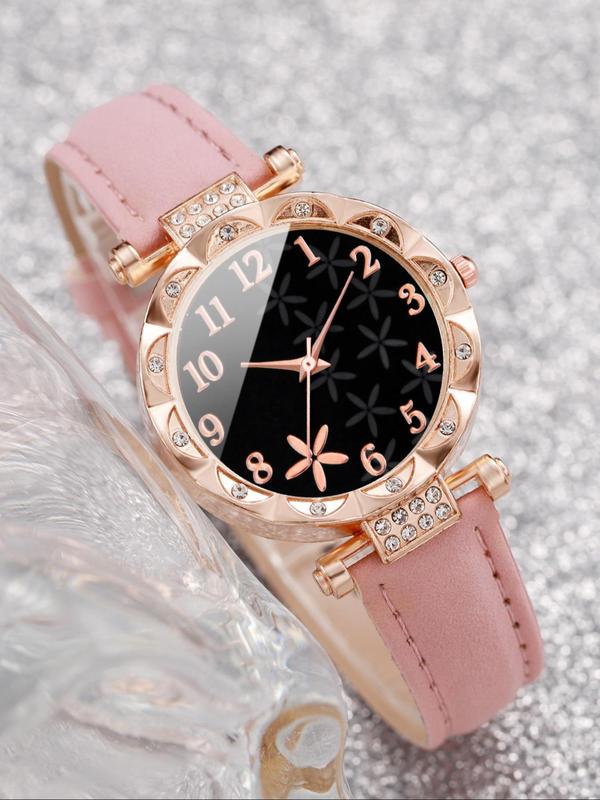 Women's Elegant Fashion Rhinestone Decorated Round Dial Quartz Watch, with Flower Design Bracelet Set, without Box, Exquisite Watch Set for Women & Girls