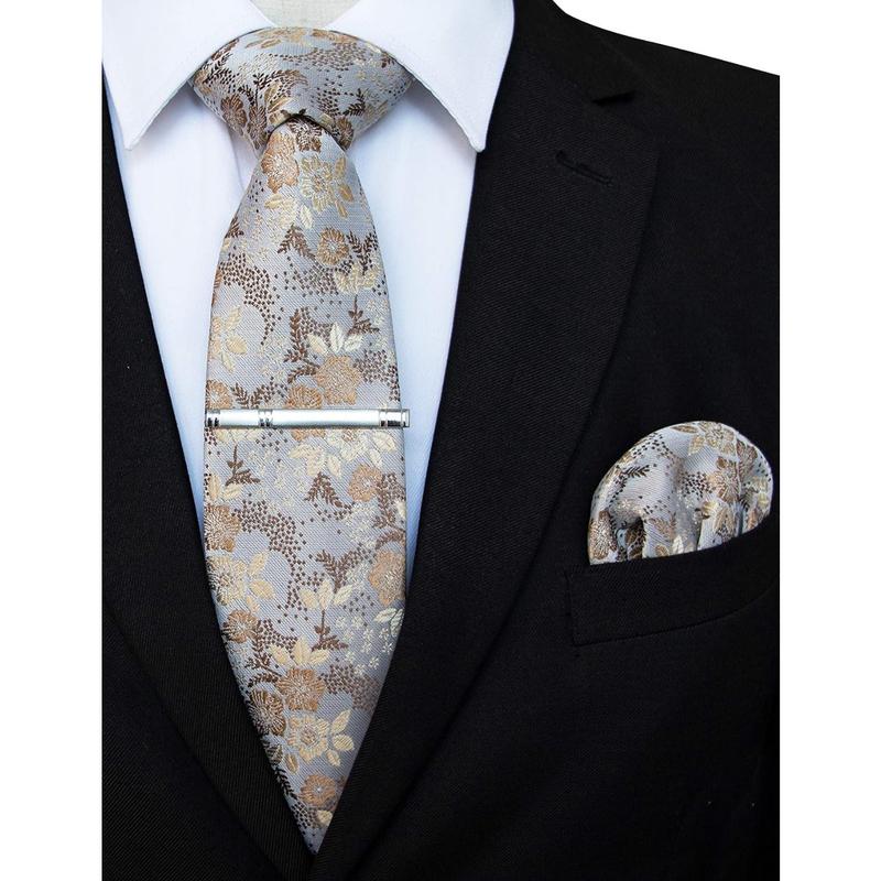 Floral Necktie and Pocket Square Tie Clip Sets for Men