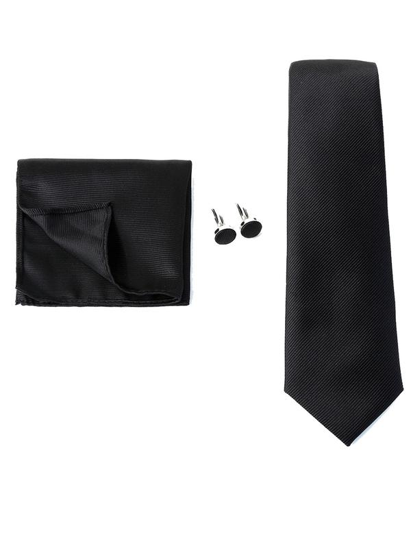 Men's Solid Color Classic Striped Tie & Handkerchief & Cufflink Set for Gift, 2024 Business Formal Suit Accessories