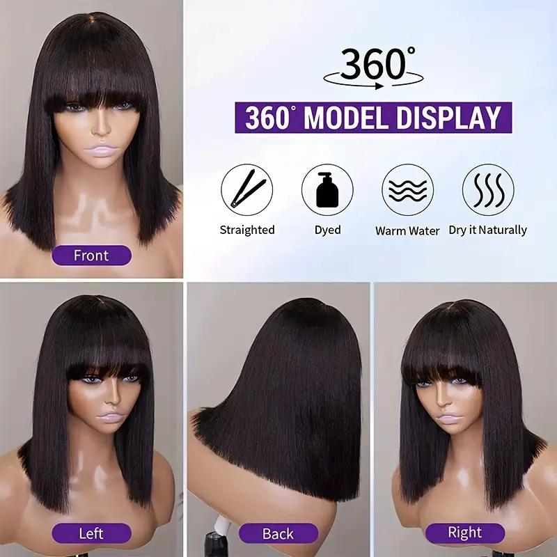 Looxey Bob Wig With Bangs Human Hair Straight Bang Bob Wig Glueless 2.5x1 HD Lace Realistic Look Scalp Blunt Cut Short Bang Bob Human Hair Ready to Go Wigs For Black Women