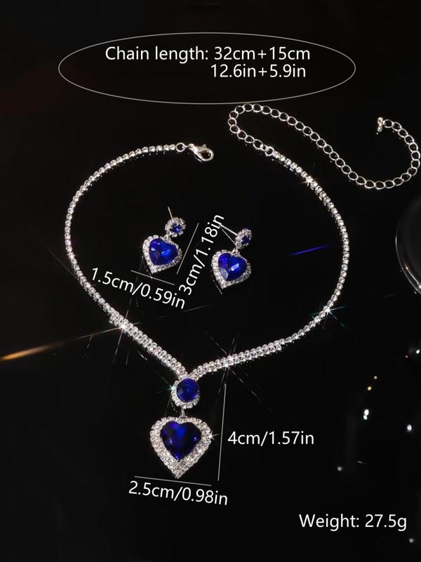 Women's Elegant Rhinestone Decorated Heart Shaped Pendant Necklace & Dangle Earrings, Exquisite Trendy Jewelry Set, Fashionable Accessories for Party & Daily Clothing Decor