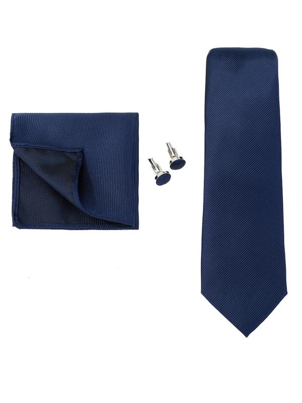 Men's Solid Color Classic Striped Tie & Handkerchief & Cufflink Set for Gift, 2024 Business Formal Suit Accessories