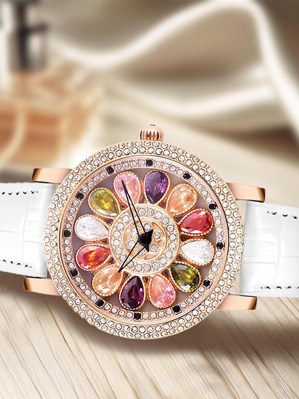 Women's Elegant Rhinestone Decorated Quartz Watch, Fashionable Round Dial Watch for Women & Girls, Trendy All-match & Exquisite Watch for Birthday Gift with Box