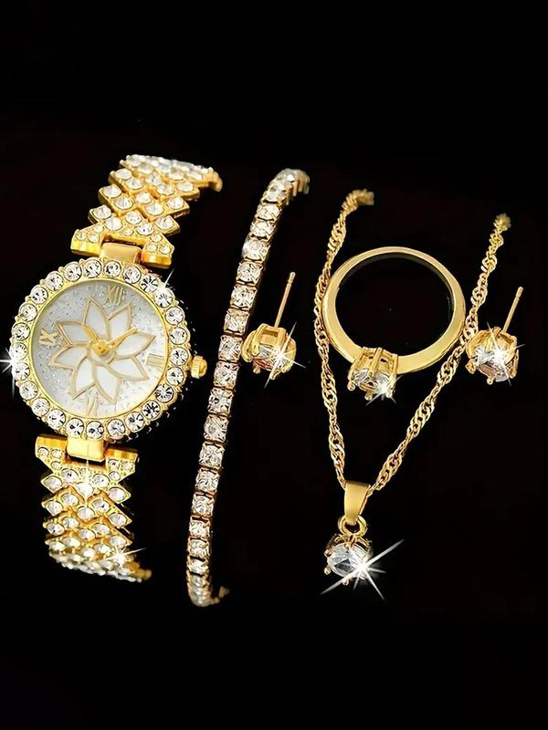 Women's Elegant Rhinestone Decorated Quartz Watch & Jewelry Set, Including Round Dial Wristwatch & Bracelet & Ring & Stud Earrings & Pendant Necklace, Fashion Watch Set for Party, Daily Decor