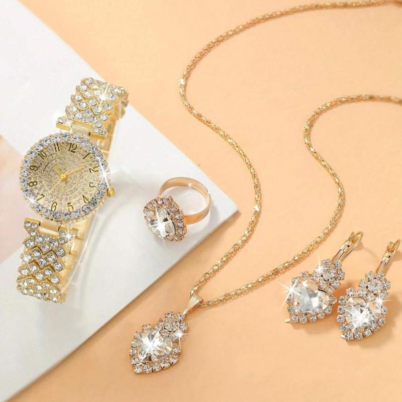 Rhinestone Decor Quartz Watch & 4pcs Jewelry Set