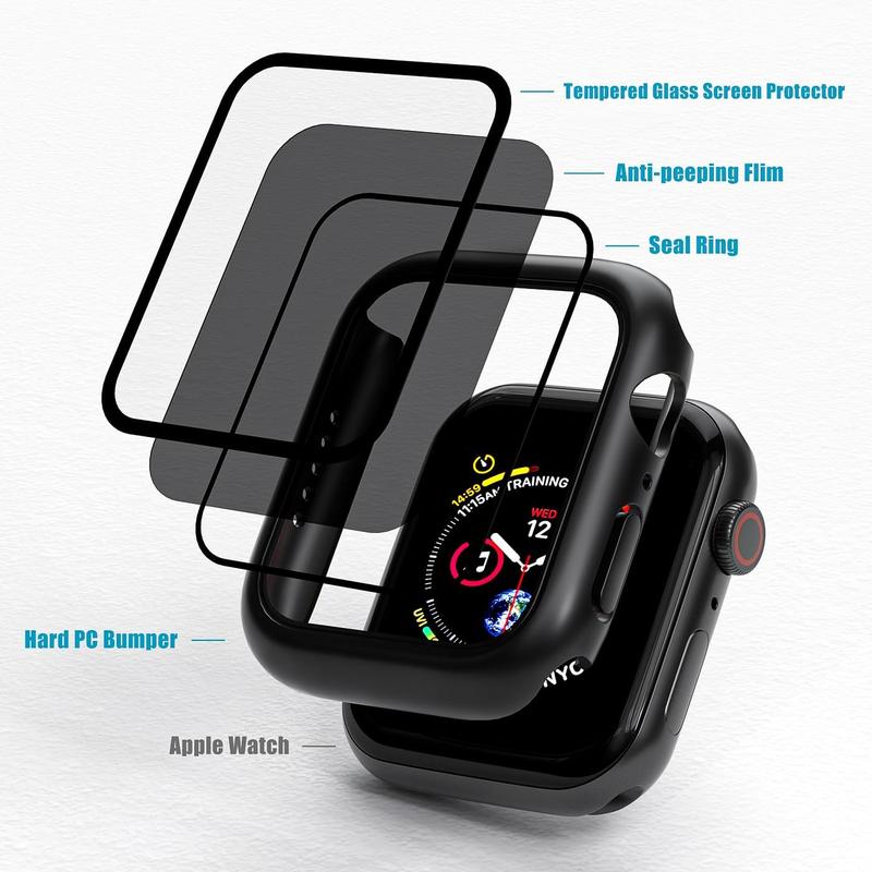 2 Pack Privacy Case for Apple Watch Screen Protector, Anti-Spy Tempered Glass Film Apple Watch Cover Hard PC Case Bumper for iWatch Series 9 8 7 - Black Black 45mm