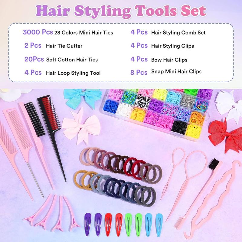 Hair Rubber Bands, 2.8E+3 Count 28 Colors Hair Accessories with Hair Styling Tools, Seamless Cotton Hair Ties, Topsy Pony Tail Clips & Combs for   Girls