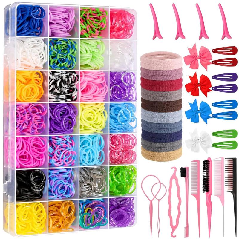 Hair Rubber Bands, 2.8E+3 Count 28 Colors Hair Accessories with Hair Styling Tools, Seamless Cotton Hair Ties, Topsy Pony Tail Clips & Combs for   Girls