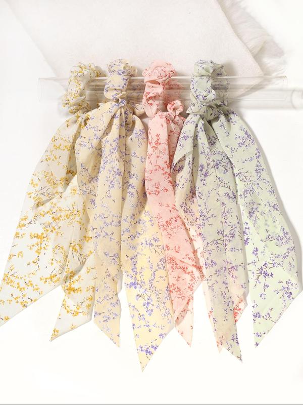 Ditsy Floral Print Scrunchie Scarf (4pcs set), Casual Cute Hair Accessories for Women, Minimalist Headwear Suitable for Thick Hair