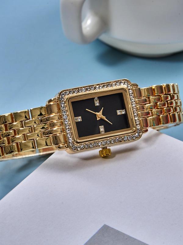 Elegant Rhinestone Decorated Rectangle Dial Quartz Watches for Women, Exquisite Trendy Wristwatch, Fashionable Watch for Women As Gift with Box