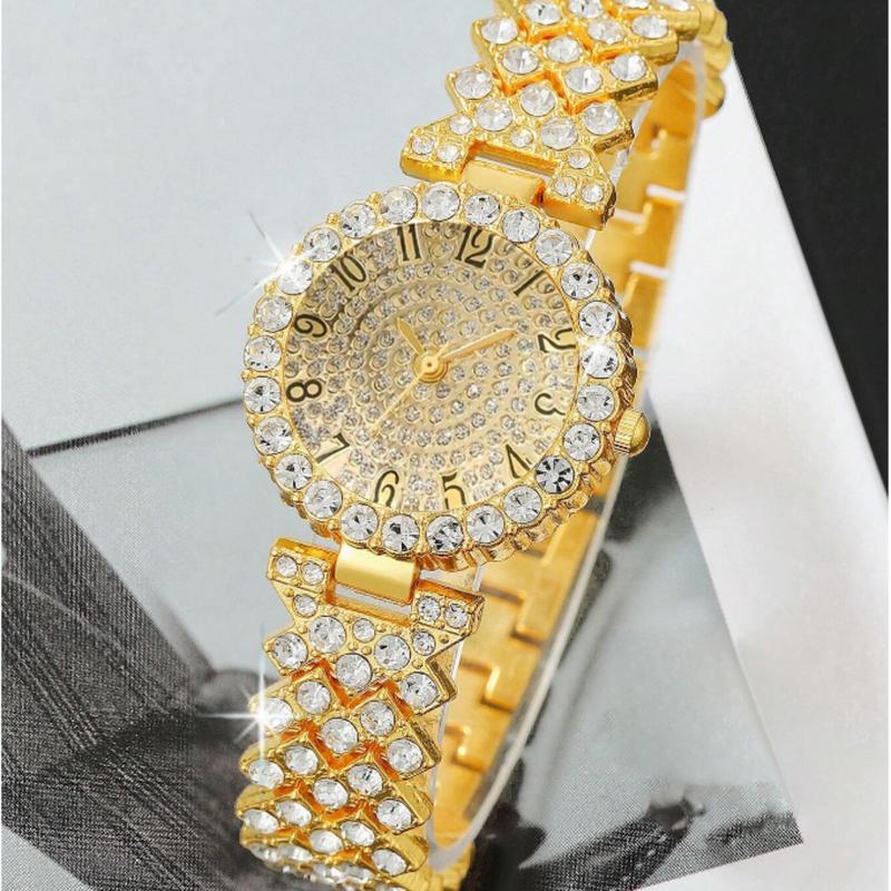 Rhinestone Decor Quartz Watch & 4pcs Jewelry Set