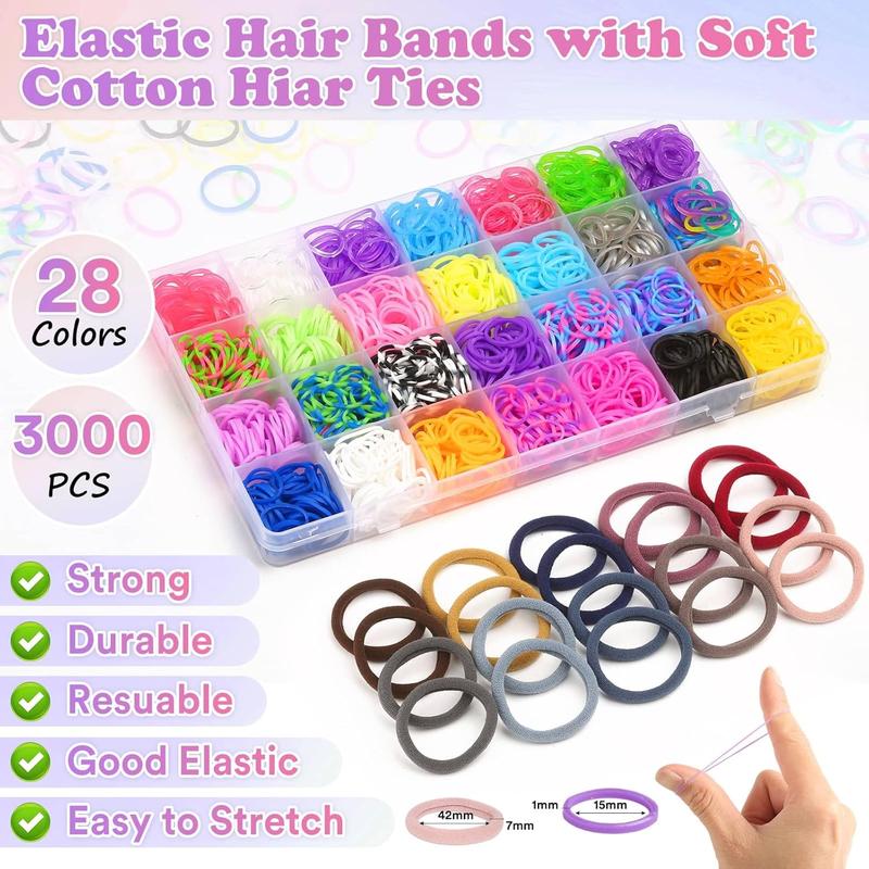 Hair Rubber Bands, 2.8E+3 Count 28 Colors Hair Accessories with Hair Styling Tools, Seamless Cotton Hair Ties, Topsy Pony Tail Clips & Combs for   Girls