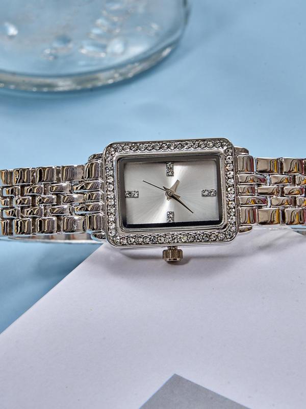 Elegant Rhinestone Decorated Rectangle Dial Quartz Watches for Women, Exquisite Trendy Wristwatch, Fashionable Watch for Women As Gift with Box