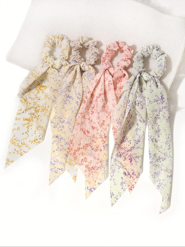 Ditsy Floral Print Scrunchie Scarf (4pcs set), Casual Cute Hair Accessories for Women, Minimalist Headwear Suitable for Thick Hair