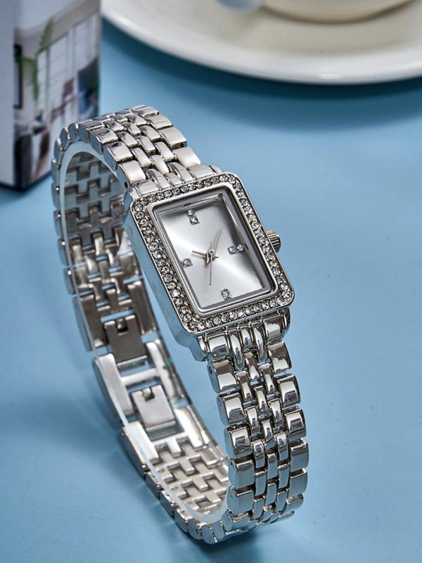 Elegant Rhinestone Decorated Rectangle Dial Quartz Watches for Women, Exquisite Trendy Wristwatch, Fashionable Watch for Women As Gift with Box