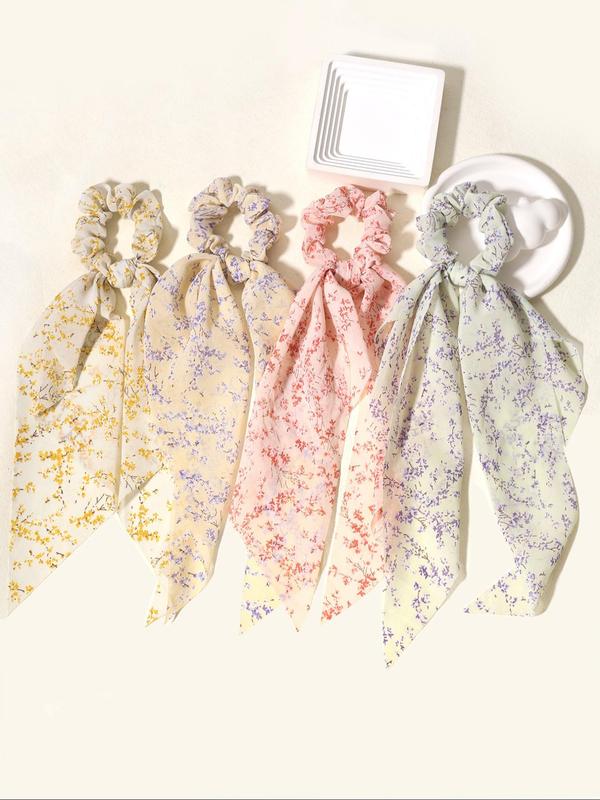 Ditsy Floral Print Scrunchie Scarf (4pcs set), Casual Cute Hair Accessories for Women, Minimalist Headwear Suitable for Thick Hair