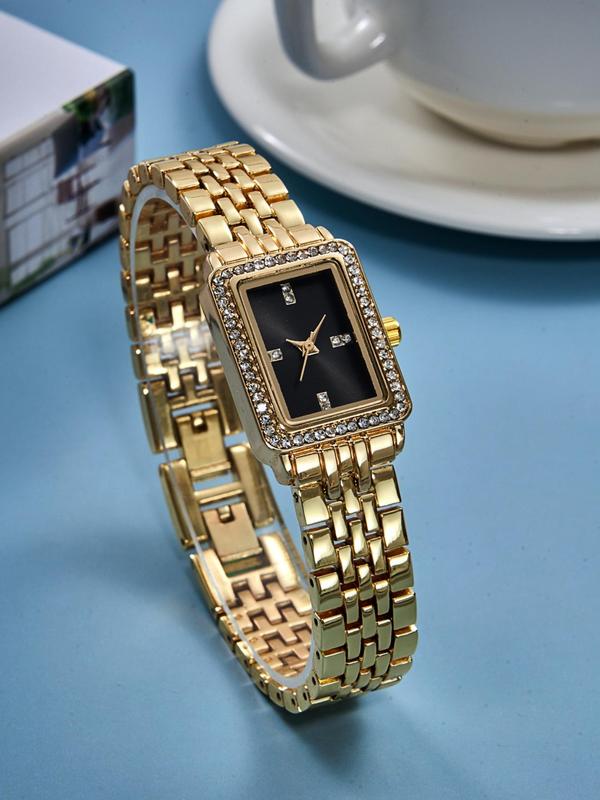 Elegant Rhinestone Decorated Rectangle Dial Quartz Watches for Women, Exquisite Trendy Wristwatch, Fashionable Watch for Women As Gift with Box