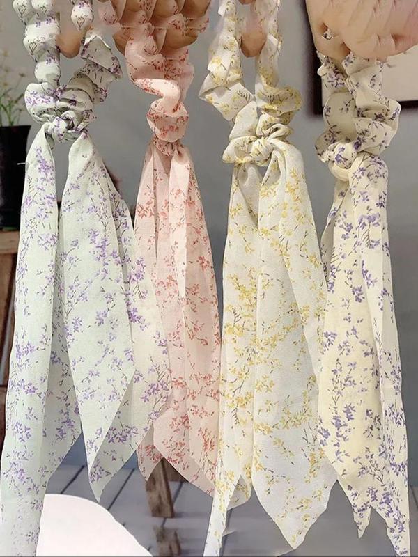 Ditsy Floral Print Scrunchie Scarf (4pcs set), Casual Cute Hair Accessories for Women, Minimalist Headwear Suitable for Thick Hair