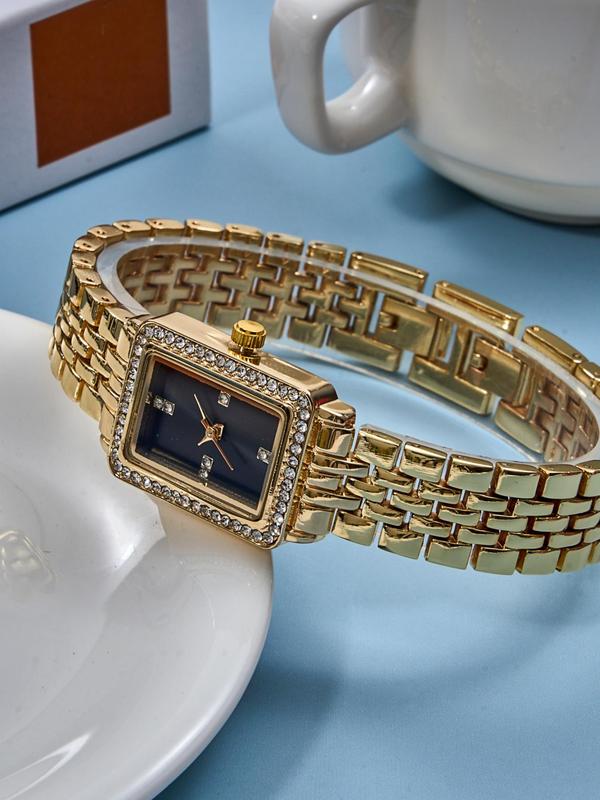 Elegant Rhinestone Decorated Rectangle Dial Quartz Watches for Women, Exquisite Trendy Wristwatch, Fashionable Watch for Women As Gift with Box