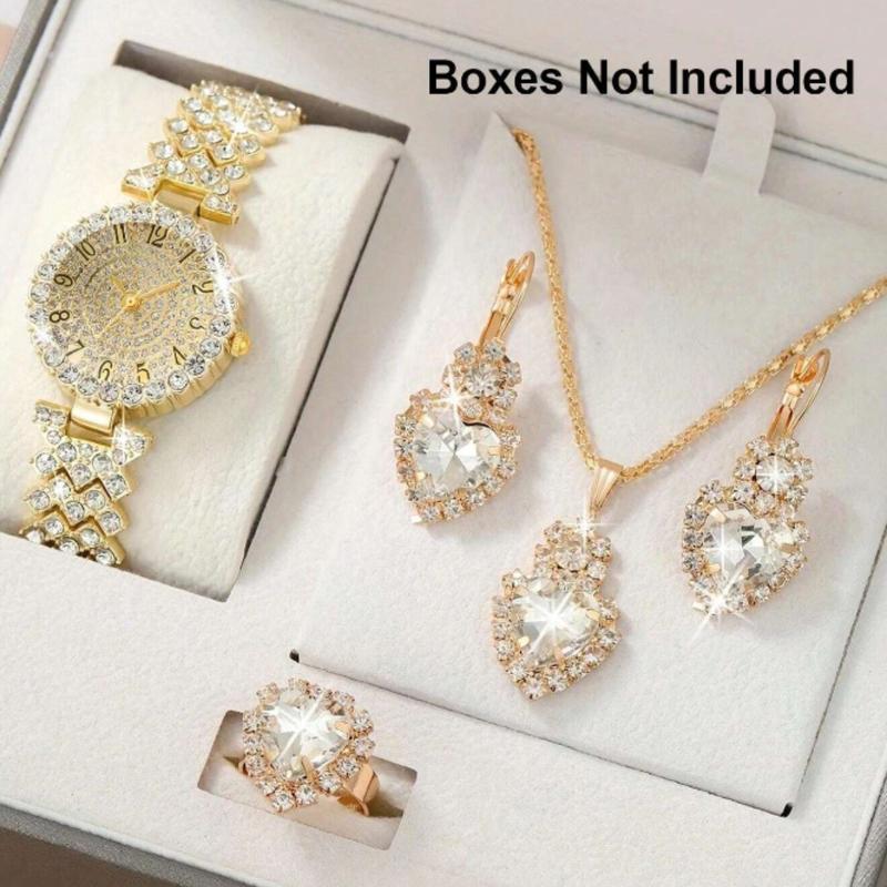 Rhinestone Decor Quartz Watch & 4pcs Jewelry Set