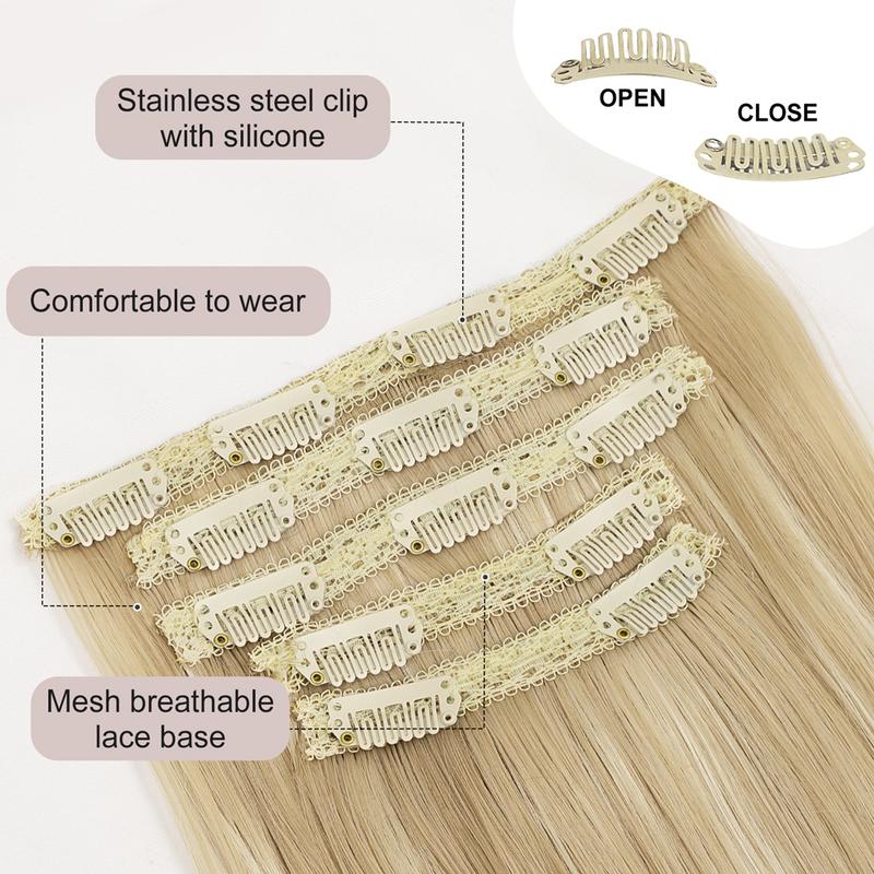 ALXNAN Clip in Hair Extensions, Synthetic Bleach Blonde Hair Extensions Black Long Stright Layered Hair Extensions for Women