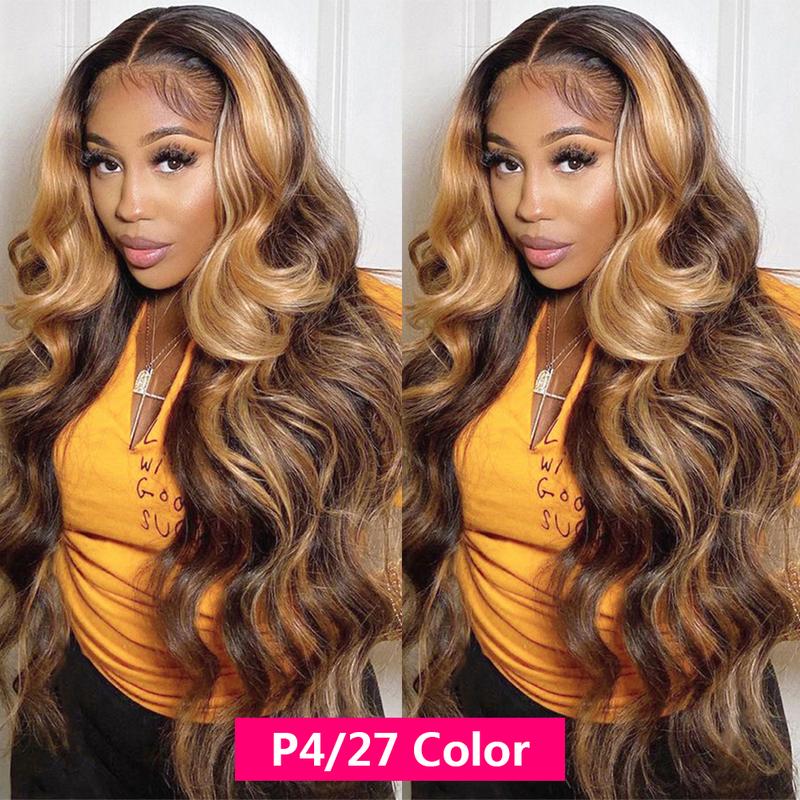 QUANDIAN 13x6 Balayage Highlight Lace Front Wig Human Hair 13x6 HD Lace Front Wigs Human Hair Body Wave Wig 200% Density FB 27 Colored Ombre Wig