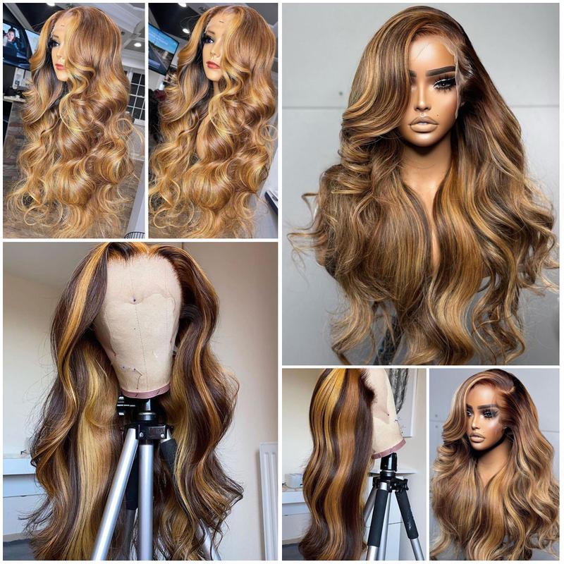 QUANDIAN 13x6 Balayage Highlight Lace Front Wig Human Hair 13x6 HD Lace Front Wigs Human Hair Body Wave Wig 200% Density FB 27 Colored Ombre Wig