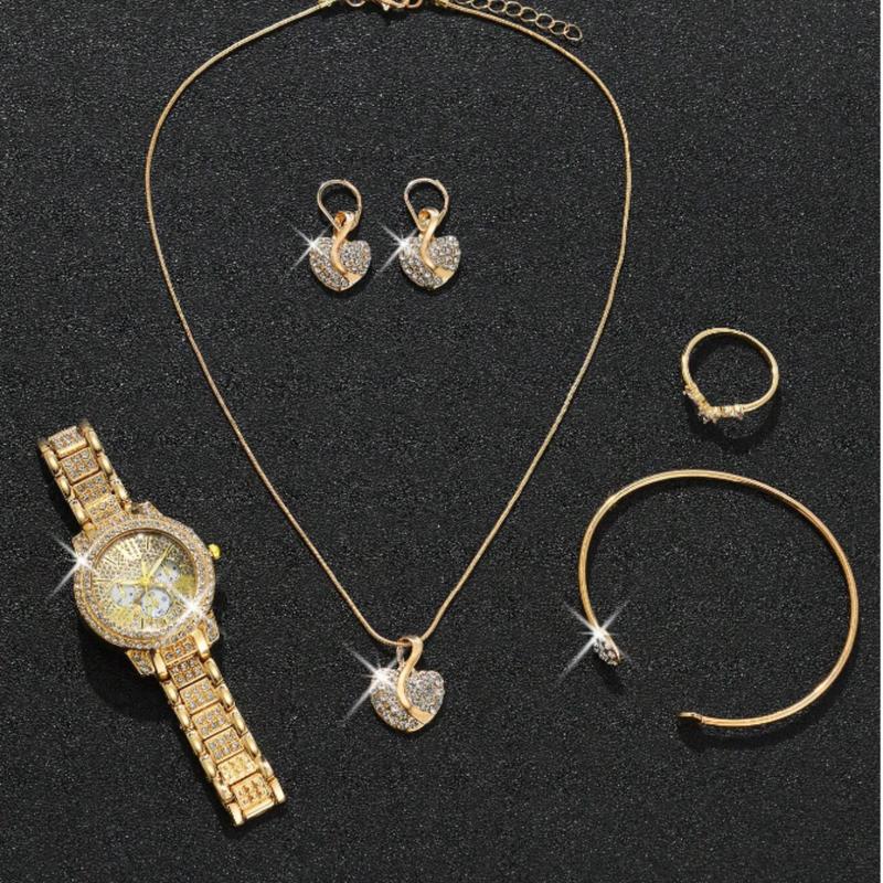 6pcs Ladies Watch Gold Watch Gorgeous Style Women's Alloy Steel Band Quartz Watch With Rhinestone Set, Three Eyes Roman And Alloy Gold Bracelet Necklace Earrings Rings Jewelry Set, Heart Point Rhinestone Evening Party