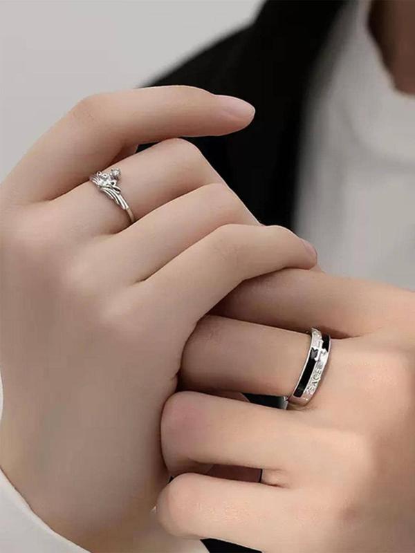 Fashion Cross & Letter Design Couple Ring (1 Pair), Elegant Rhinestone Decorated Couple Ring, Couple Jewelry for Daily Decoration