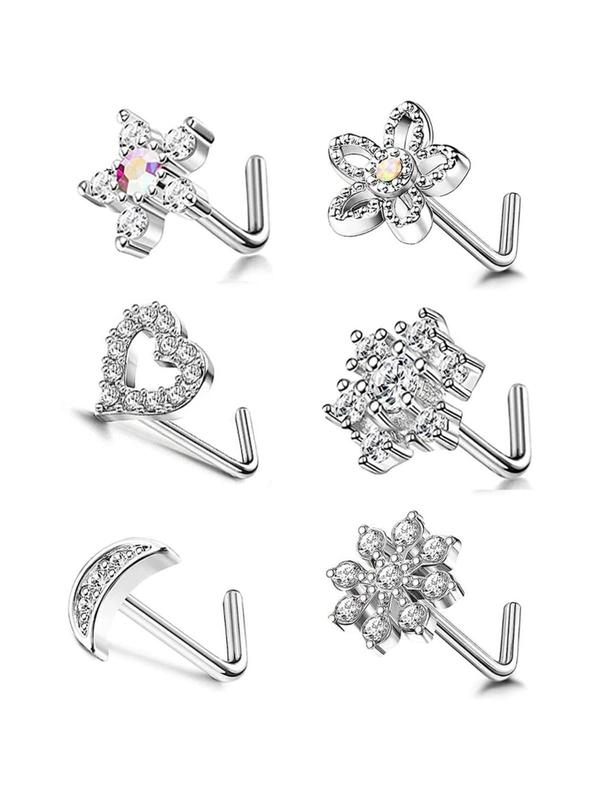 Women's Elegant Glittering Star & Heart & Flower Design Nose Studs, Cute Trendy Nose Piercing Jewelry, Fashionable Body Jewelry for Women & Girls