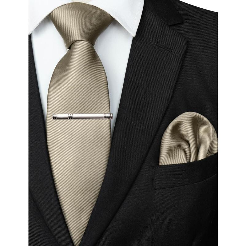 Solid Color Formal Necktie and Pocket Square Tie Clip Sets for Men