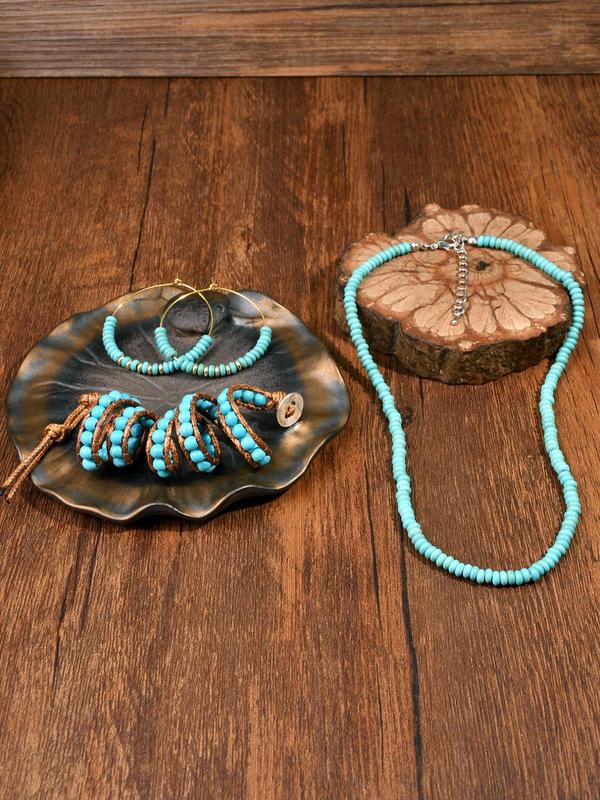 Boho Style Beaded Jewelry Set, Vintage Turquoise Decor Beaded Necklace & Bracelet & Dangle Earrings, Fashion Accessories for Women & Men