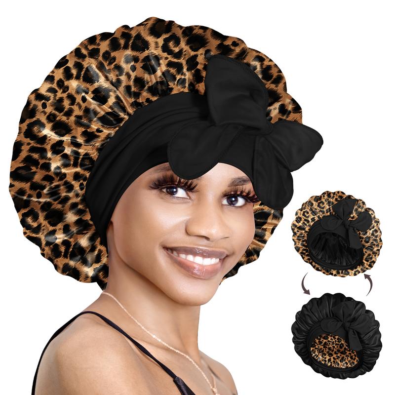 BONNET QUEEN Bonnet for Sleeping Women Sleeping Cap Reversible Double Layer Satin Bonnet Tie  Sleep Satin Hair Wrap Night Cap for Curly Hair Leopard