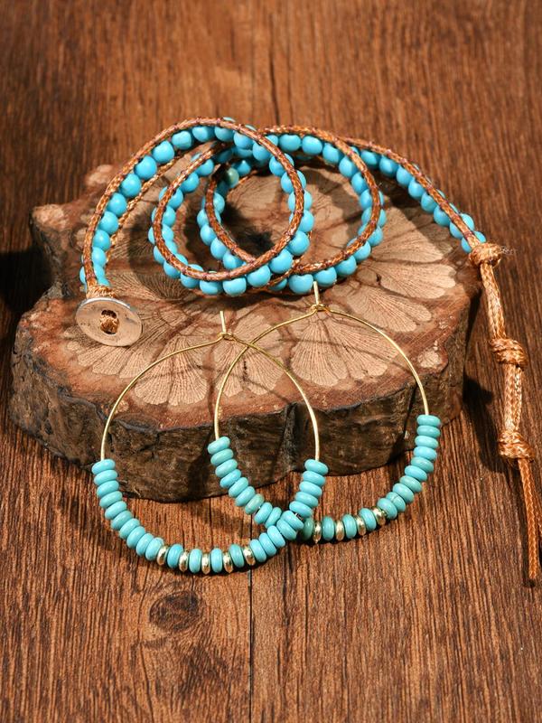 Boho Style Beaded Jewelry Set, Vintage Turquoise Decor Beaded Necklace & Bracelet & Dangle Earrings, Fashion Accessories for Women & Men