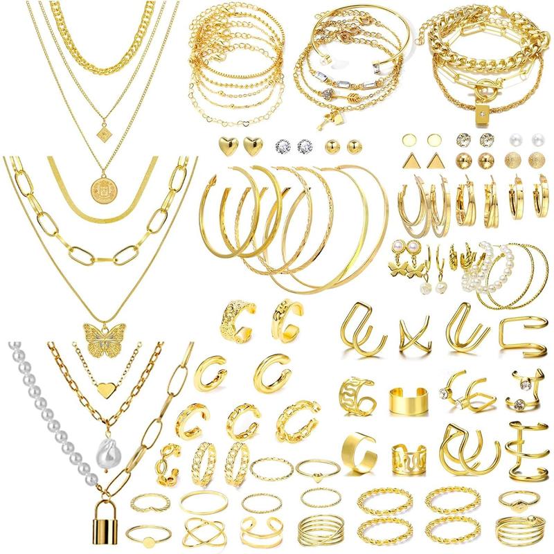 93 Pieces Gold Jewelry Set for Women Fashion Costume Jewelry Gold Plated Necklace Bracelet Ring Gold Earrings Set for Women