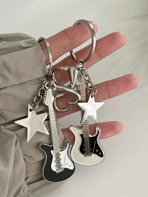 Guitar & Star & Heart Design Keychain, Fashionable Keychain for Men, Trendy All-match & Exquisite Keychain for Birthday Gift