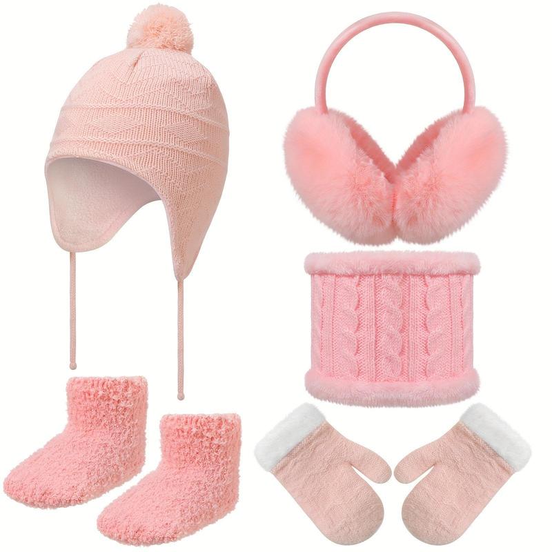 5 Pcs Winter Hats Scarf With Gloves Set Mini Include Earmuffs Fuzzy Socks Gloves Earflap Beanie Neck Warmer