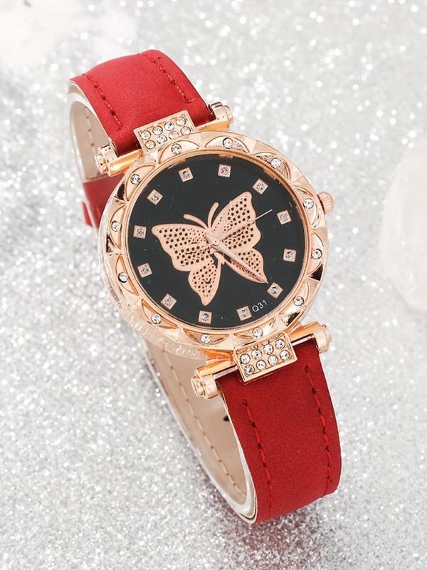 Women's Butterfly Watch & Jewelry Set, Including Rhinestone Decor Analog Quartz Watch & Flower Decor Bracelet & Necklace & Ring & Earrings, Fashion Watch Set for Women, without Box