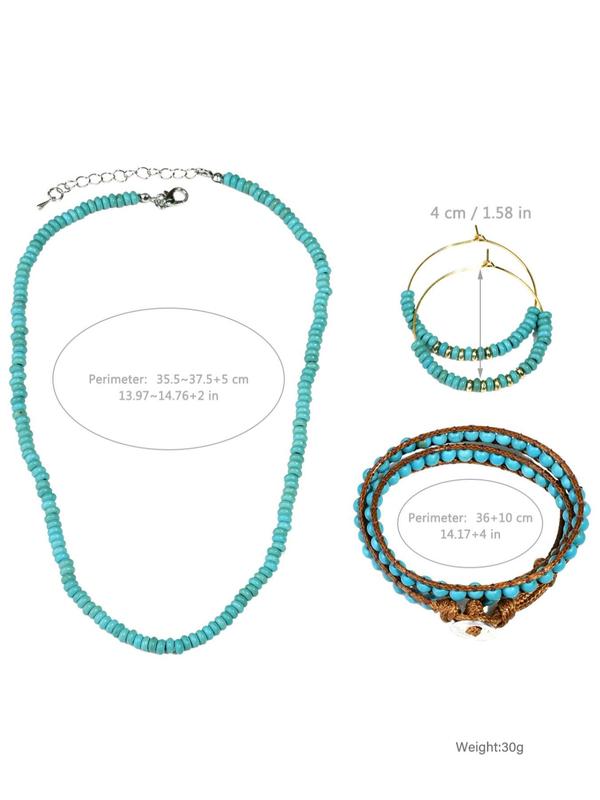 Boho Style Beaded Jewelry Set, Vintage Turquoise Decor Beaded Necklace & Bracelet & Dangle Earrings, Fashion Accessories for Women & Men