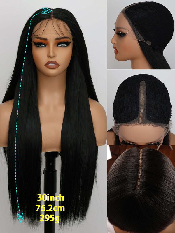 30 Inch Black Long Straight HD Glueless Lace Front Wigs for Women, Gorgeous Fluffy Pre Plucked Wigs without Bangs, Synthetic Wigs with Bady Hair Bangs for Party, Daily Everyday Use & Back To School