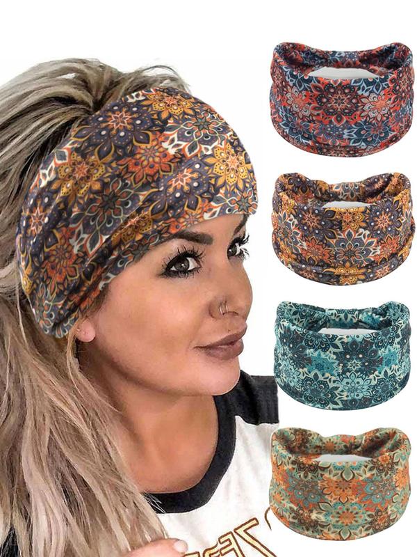 Women's Floral Print Wide Band Hair Band, Boho Style Hair Band for Women & Girls, Vintage Hair Accessories for Yoga, Running, Workout