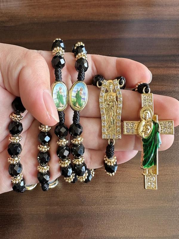 Rhinestone Decorated Saint Jude Cross Pendant Necklace, Ethnic Pattern Beaded Necklace for Women & Men, Fashion Jewelry for Party, Daily Decor, for Birthday Gift