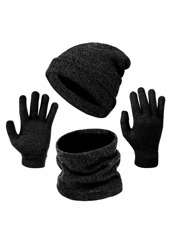 3pcs set Men's Solid Color Winter Thickened Warm Hat Scarf Glove Set, Outdoor