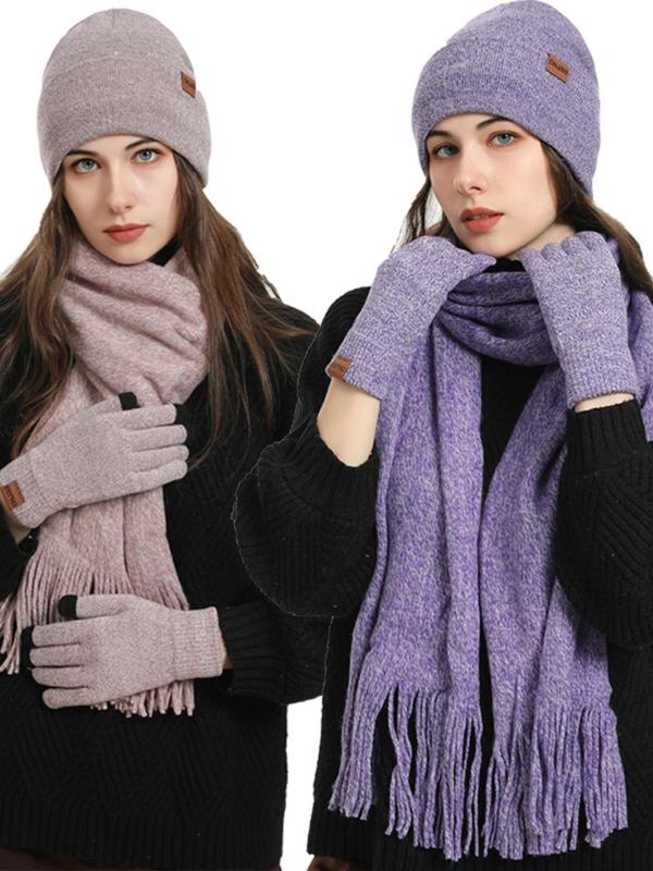 Solid Color Beanie Hat & Scarf & Gloves Set, Women's Elegant Tassel Decor Scarf & Warm Hat & Gloves Set, Fashion Accessories for Fall & Winter